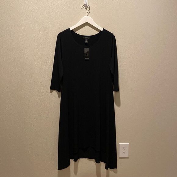 ALFANI‎ Dress Black flowy quarter sleeve shark bite hemline Size 14 Lagenlook - Picture 1 of 7